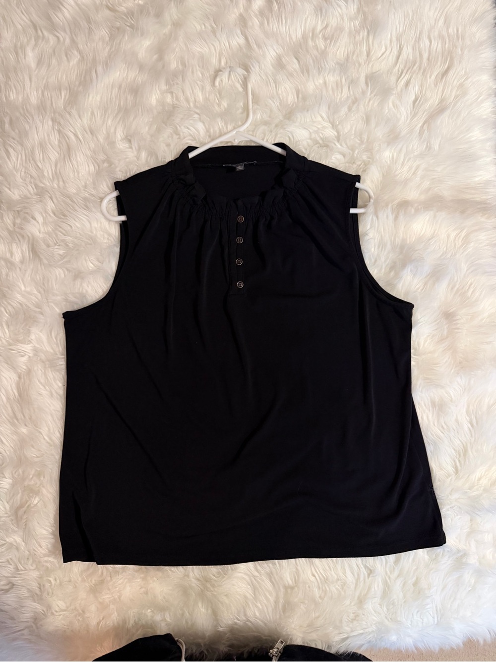 Adrianna Papell Black Sleeveless Henley Tank with Gathered Neck